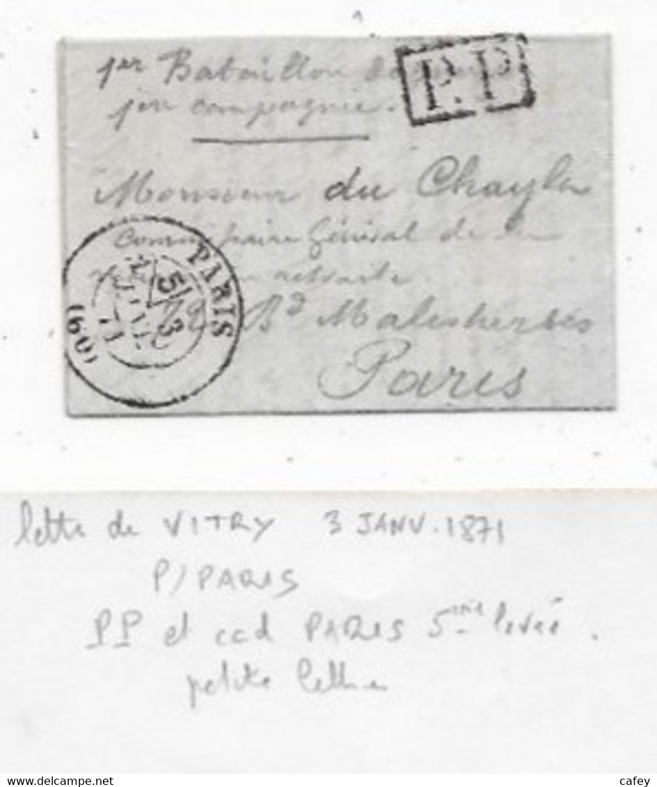 GUERRE 1870 SIEGE DE PARIS Toute Petite Lettre De VITRY 03/01/71 P / PARIS Lettre D'un Mobile En PP Cad PARIS 5ème Levée - Guerra De 1870