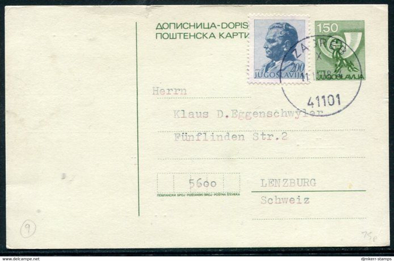 YUGOSLAVIA 1978 Posthorn 1.50 D. Stationery Card Used With Additional Franking  Michel  P179 - Postal Stationery