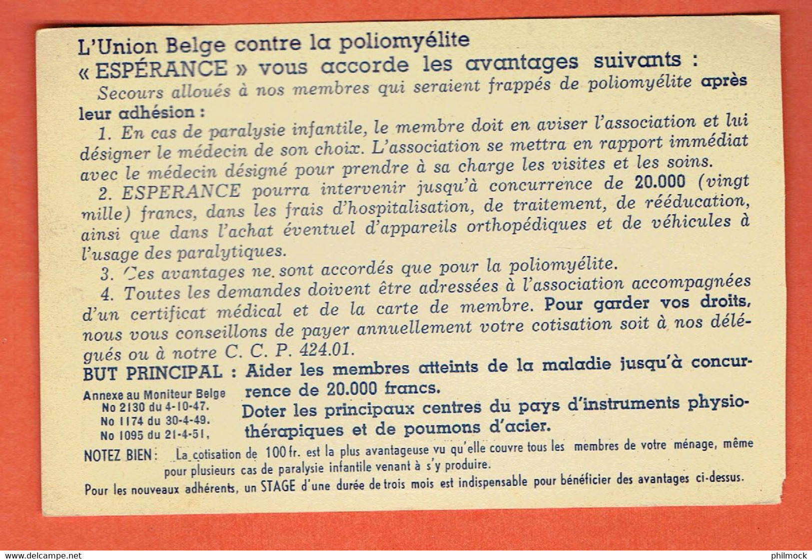 1P - Doc - Carte De Membre Espérance Contre La Paralysie Infantile 1952 - Lidmaatschapskaarten