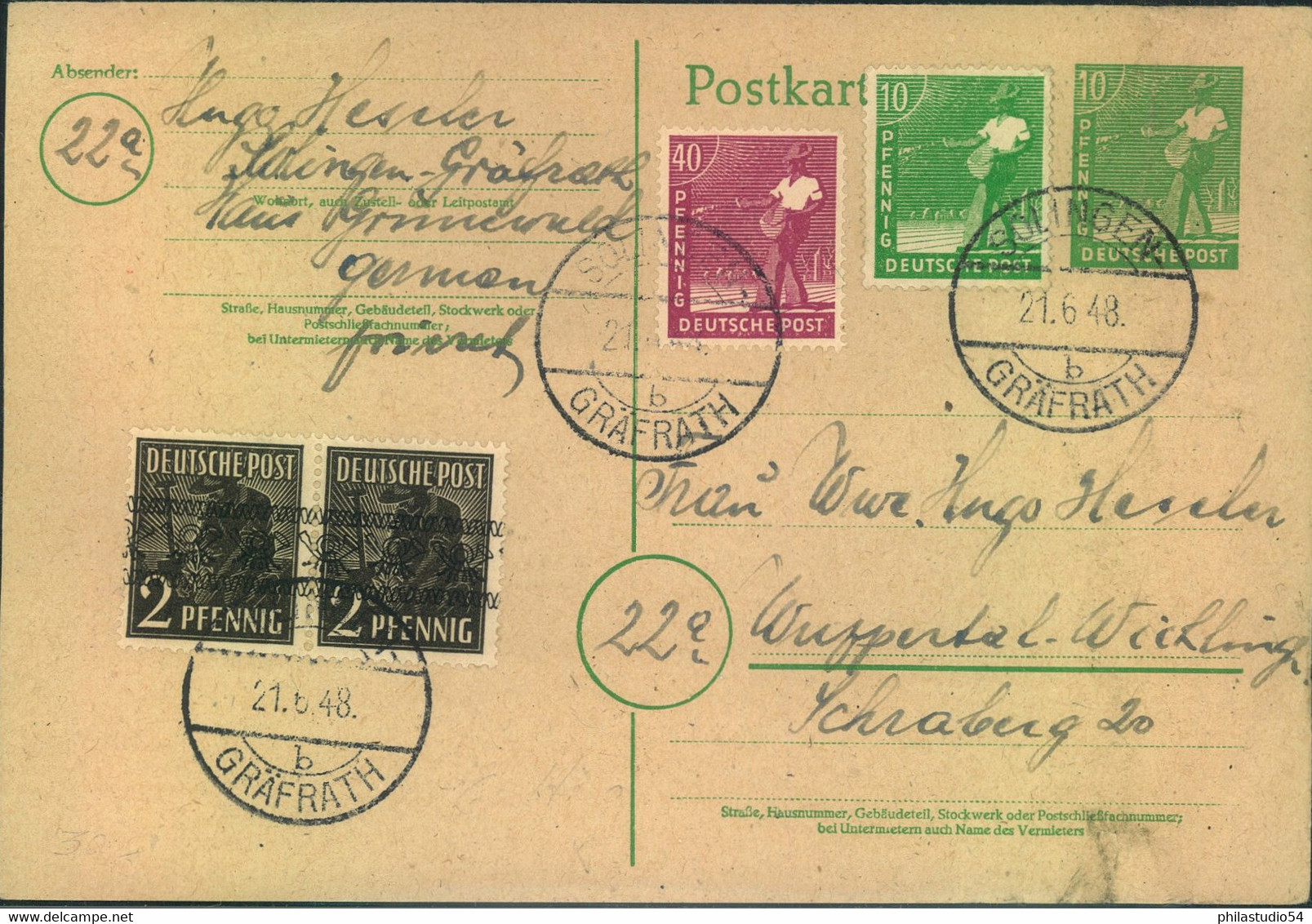 1948, 2 Pfg. Bandaufdruck (FDC) Auf 10 GSK Und 10-fahc Zusatzfrankatur Ab "SOLINGEN GRÄFRATH 21.6.48" - Otros & Sin Clasificación