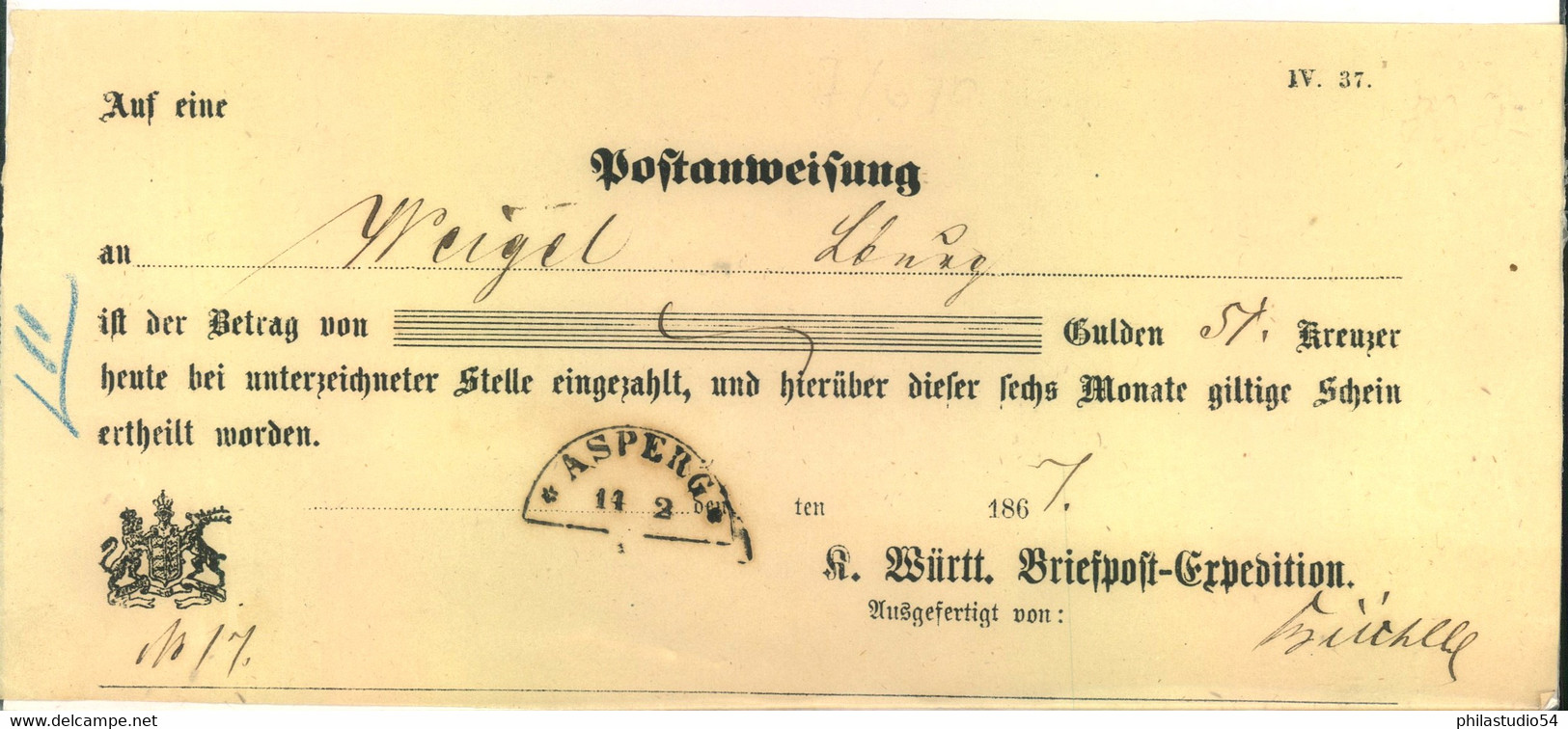 1870, Postanweisung Mit Halbkreisstempel "ASPERG" - Cartas & Documentos