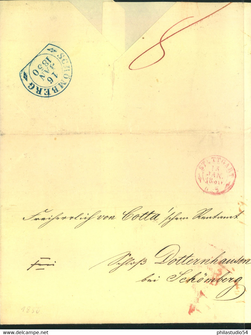 1850, Faltbriefhülle Von Stuttgart Sim Steigbügelstempe "SCHÖMBERG" - Prefilatelia