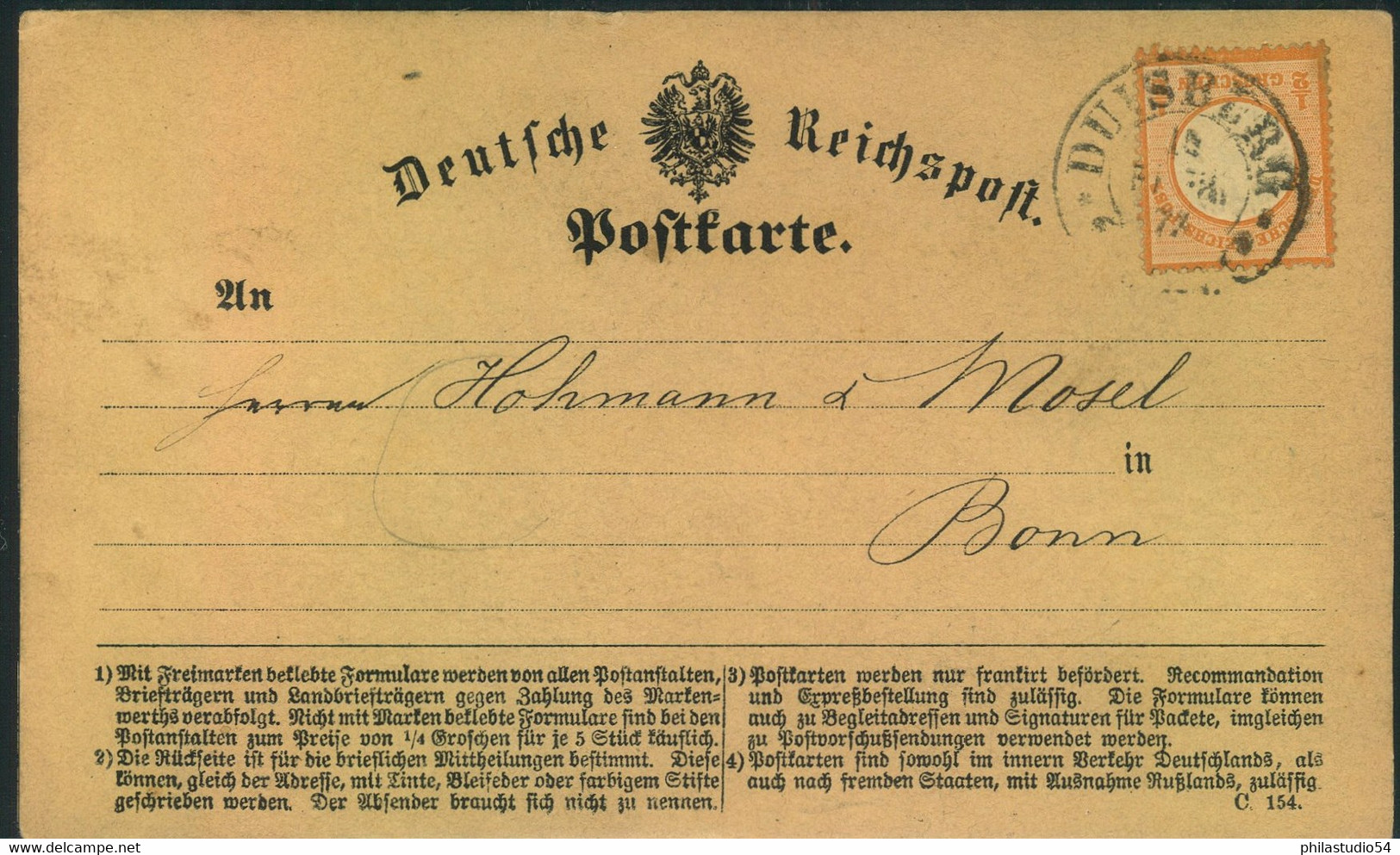 1874, DUISURG, Hufeisenstempel Auf Postkarte 1/2 Gr. Großer Brustschild - Maschinenstempel (EMA)