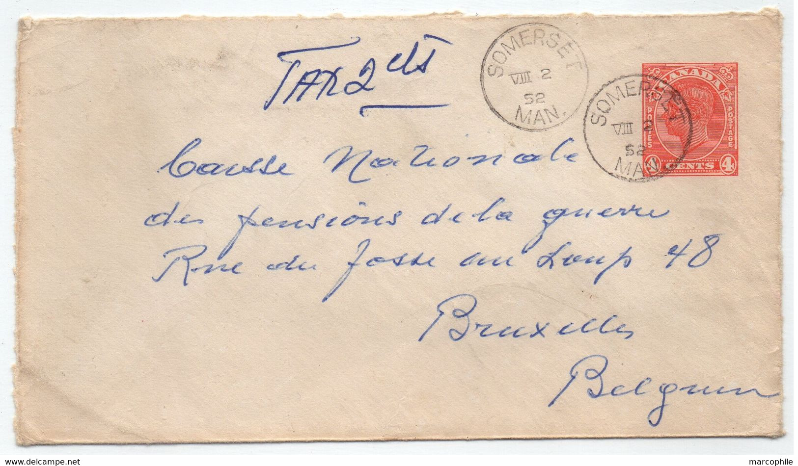 CANADA - SOMERSET - MANITOBA / 1952 ENTIER POSTAL ==> BELGIQUE (ref 8762a) - 1903-1954 Kings