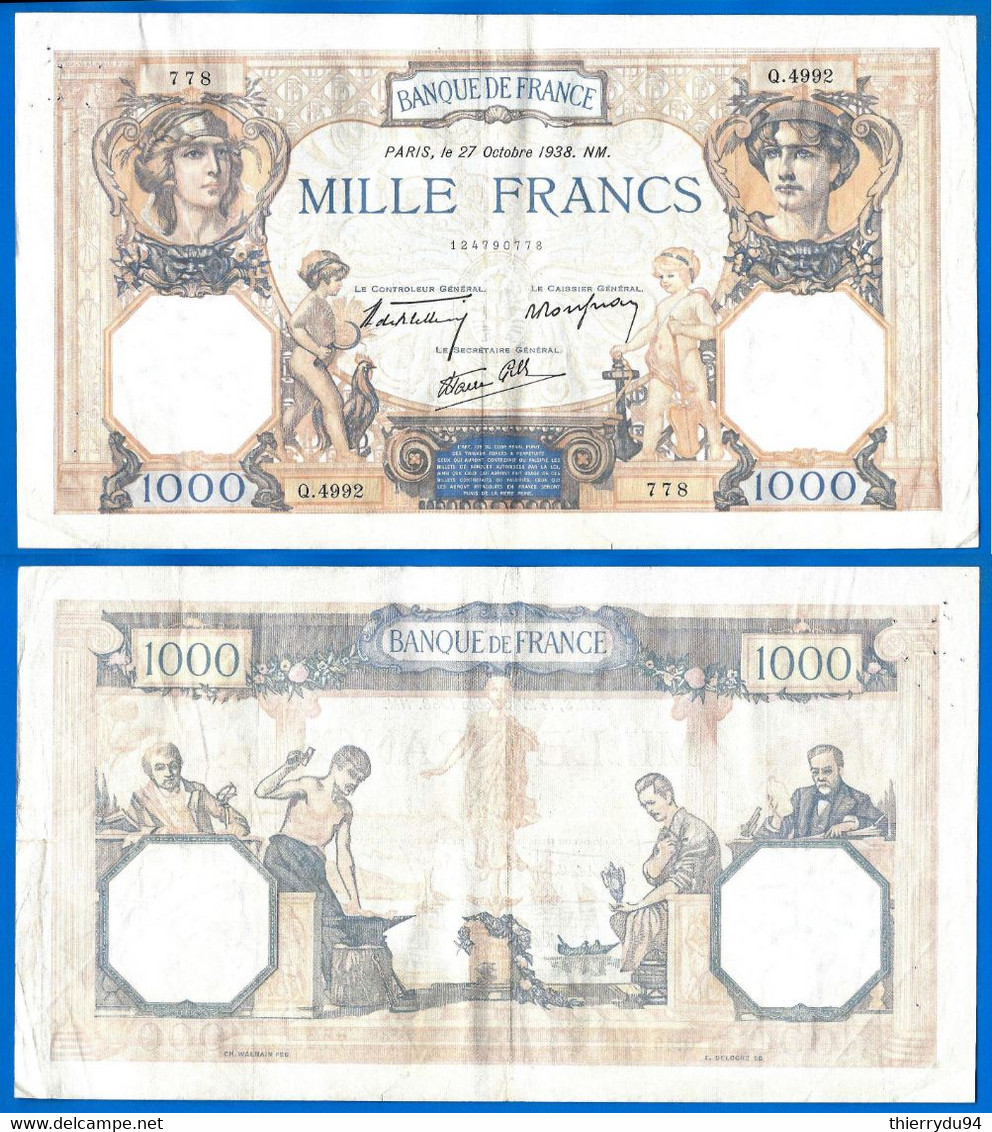 France 1000 Francs 1938  27 Octobre Prefix Q Ceres Mercure Que Prix + Port Grand Billet Frcs Frc Paypal Bitcoin OK - 1 000 F 1927-1940 ''Cérès Et Mercure''