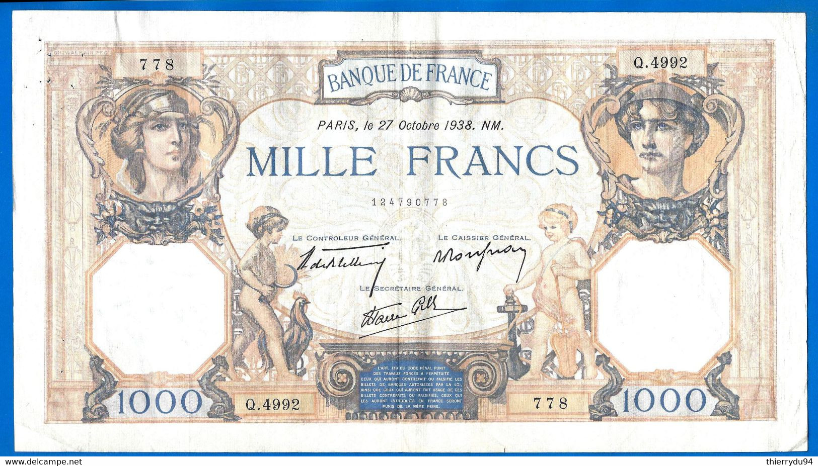 France 1000 Francs 1938  27 Octobre Prefix Q Ceres Mercure Que Prix + Port Grand Billet Frcs Frc Paypal Bitcoin OK - 1 000 F 1927-1940 ''Cérès Et Mercure''