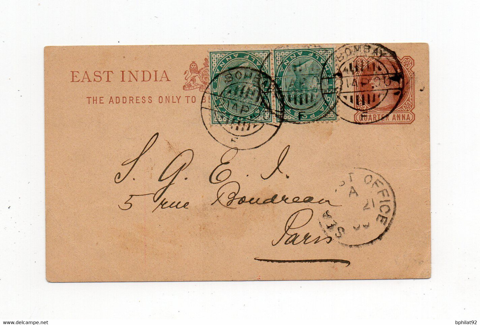 !!! INDE ANGLAISE, ENTIER POSTAL DE BOMBAY POUR PARIS DU 21/4/1900 - 1882-1901 Impero