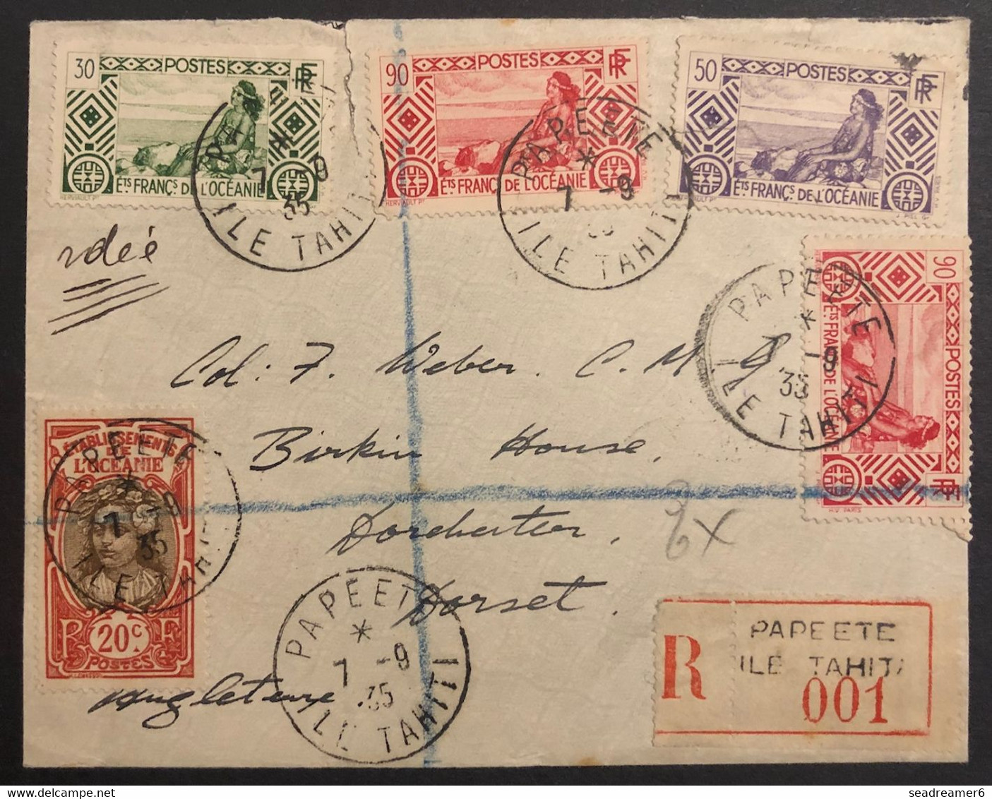 Océanie Lettre Recommandée TAHITI 1935 N°93, 99, 106 X2 & 69 Oblitérés De Papeete Pour Dorchester Angleterre TTB - Lettres & Documents