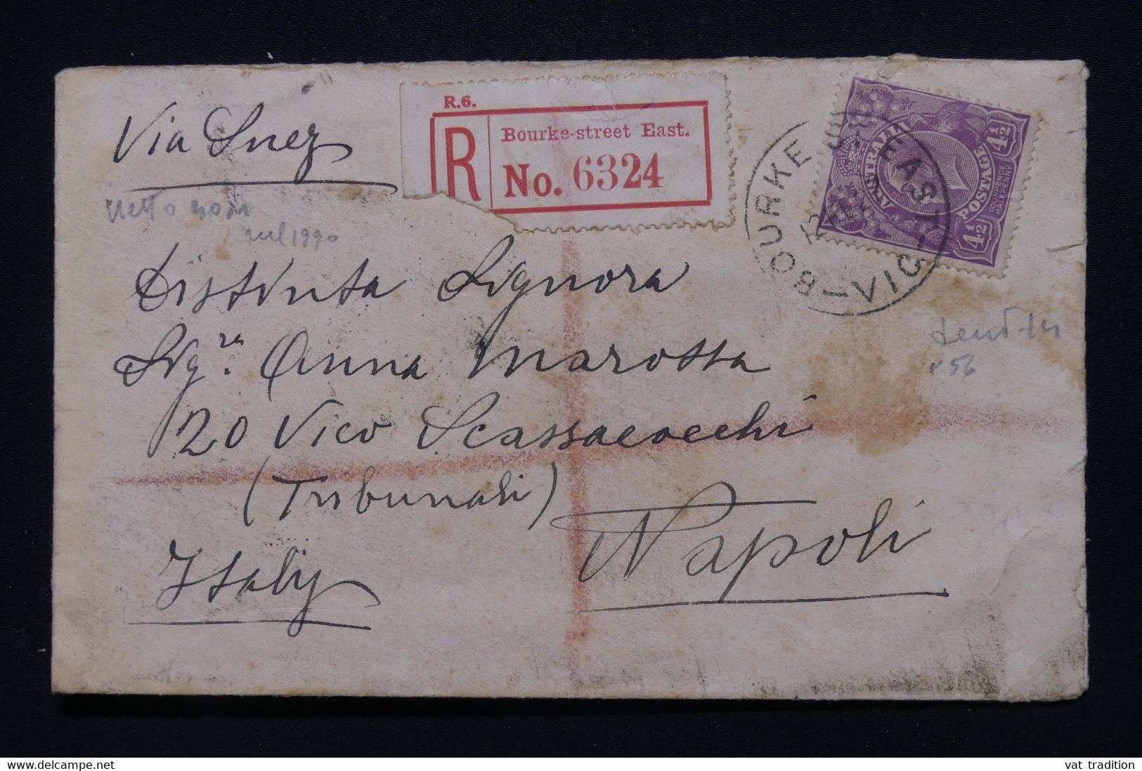 AUSTRALIE - Enveloppe En Recommandé De Melbourne Pour L'Italie En 1927 Via Suez - L 112376 - Lettres & Documents