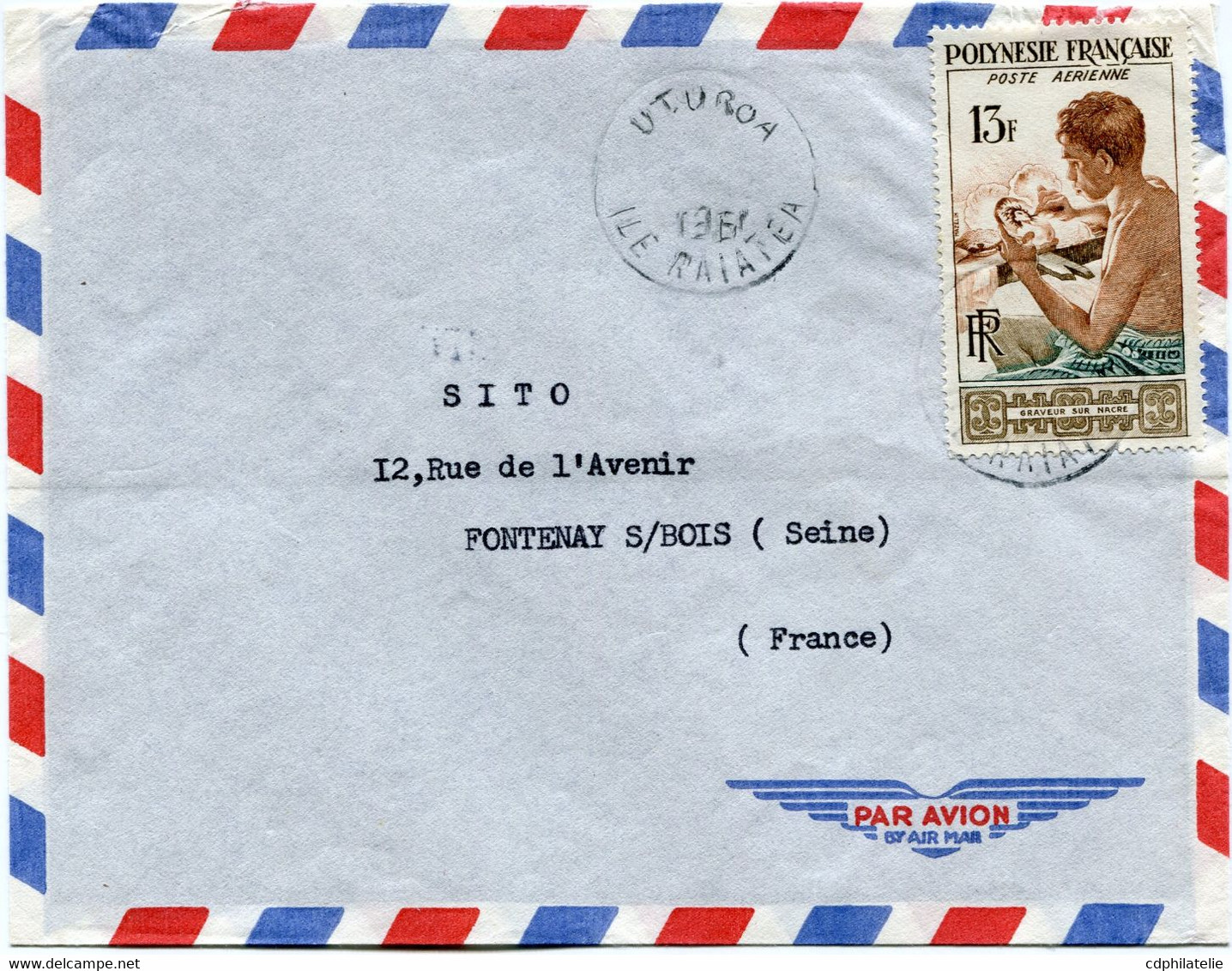 POLYNESIE LETTRE PAR AVION DEPART UTUROA ?-?-1961 ILE RAIATEA POUR LA FRANCE - Storia Postale