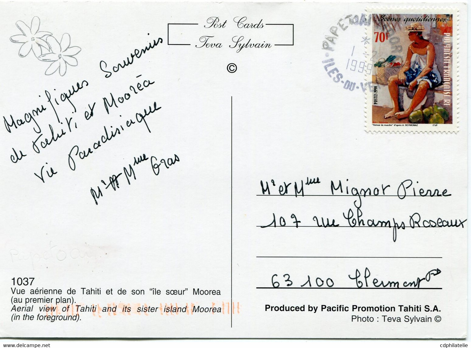 POLYNESIE CARTE POSTALE DEPART PAPETOAI 1-2-1999 ILES-DU-VENT POUR LA FRANCE - Brieven En Documenten