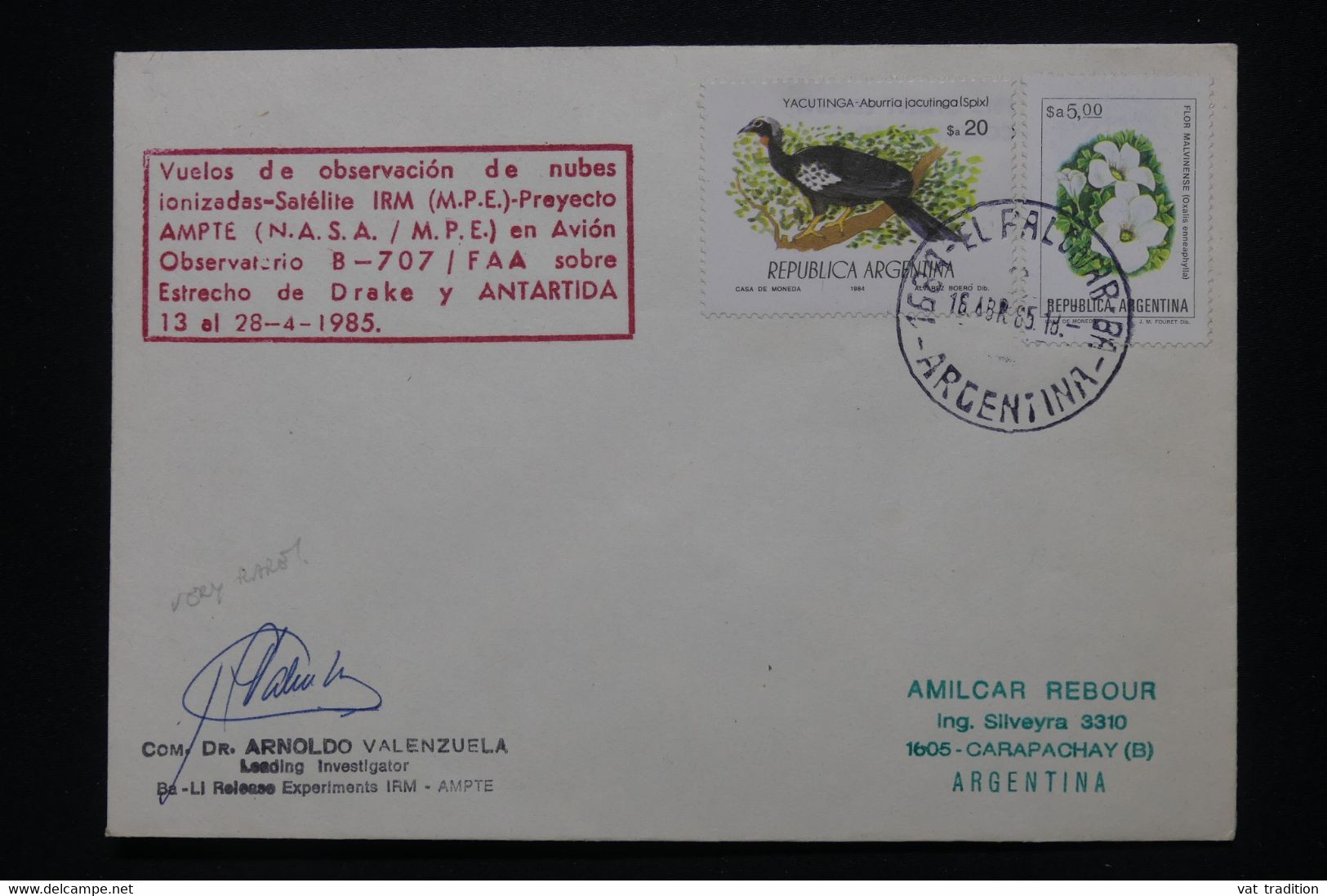 ARGENTINE - Enveloppe Avec Cachet De La Nasa En 1985 Avec Signature Du Com.DR. Arnoldo Valenzuela - L 112386 - Brieven En Documenten