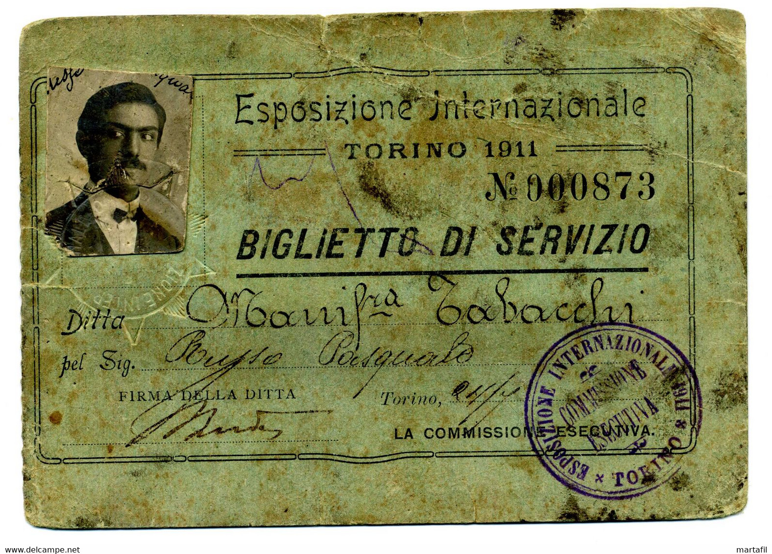 1911 BIGLIETTO DI SERVIZIO Dell'Esposizione Inter. TORINO - Eintrittskarten