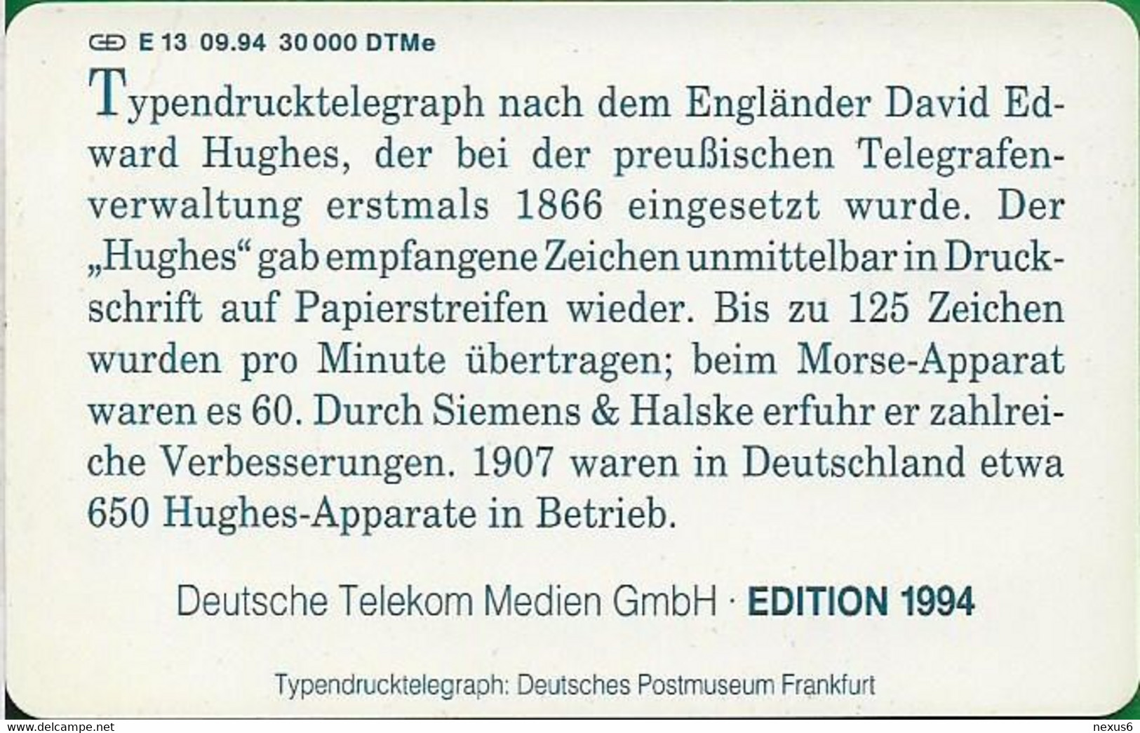 Germany - Alte Morseapparate 1 - Typendrucktelegraph - E 13/09.94 - 12DM, 30.000ex, Mint - E-Series : Edizione Della D. Postreklame