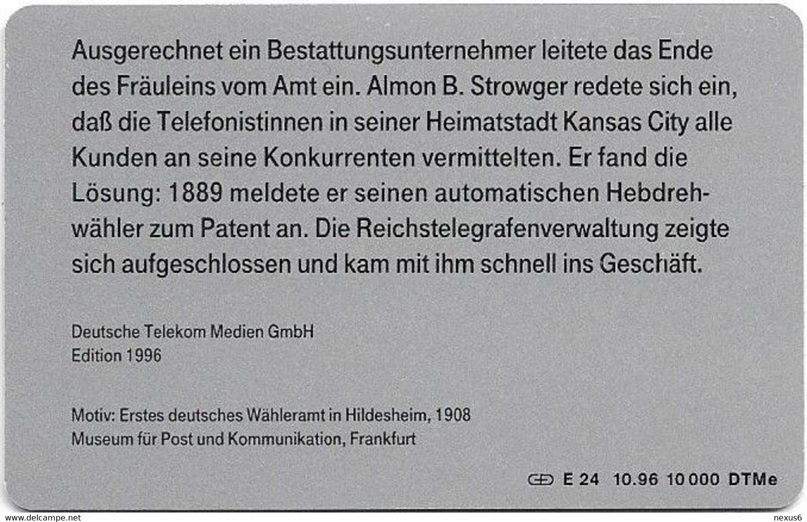 Germany - Telefonvermittlung 4 - Erstes Dt. Wähleramt In Hildesheim - E 24/10.96 - 12DM, 10.000ex, Mint - E-Series: Editionsausgabe Der Dt. Postreklame