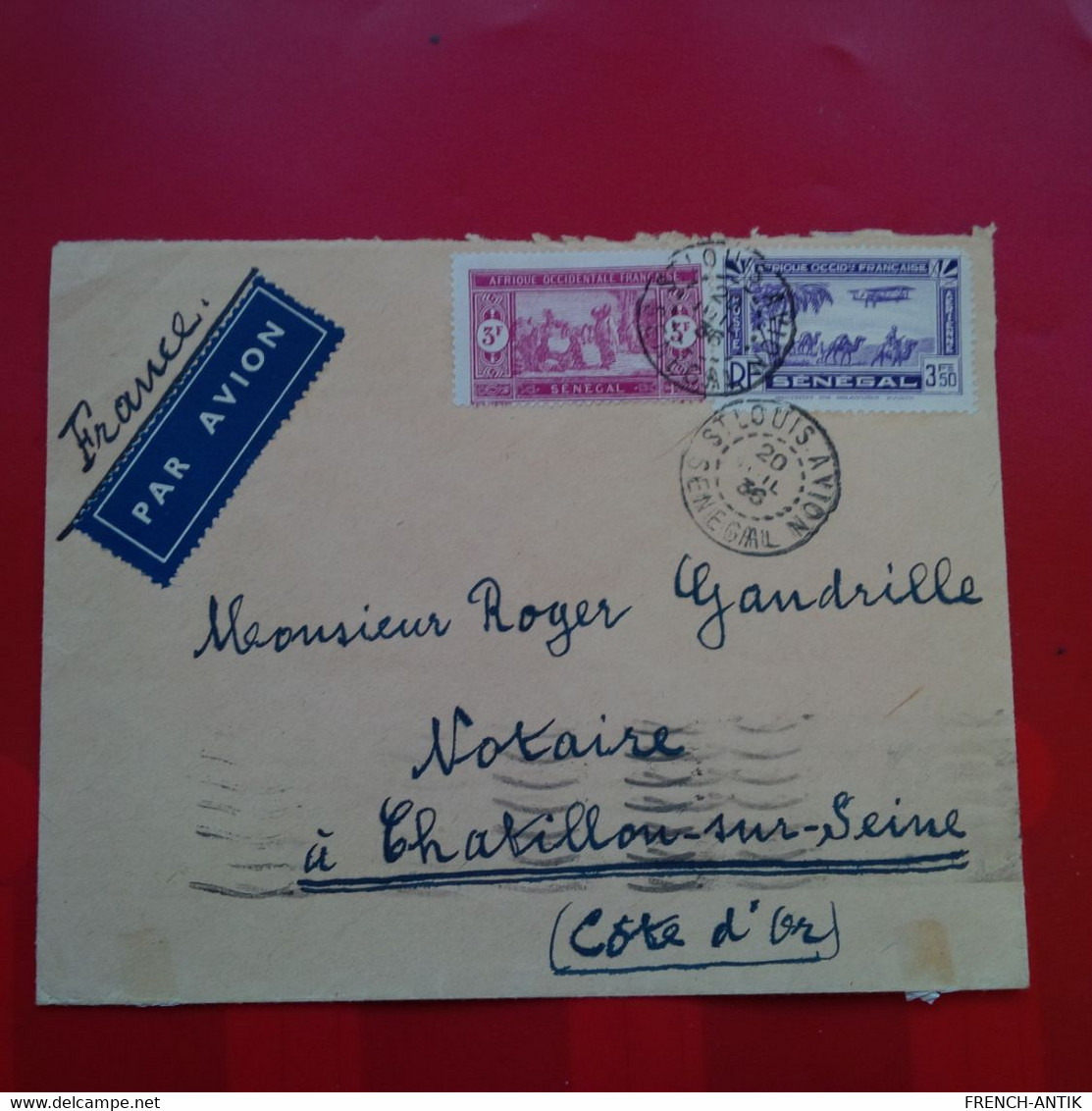 LETTRE SENEGAL POUR CHATILLON SUR SEINE POSTE AERIENNE 1936 - Briefe U. Dokumente