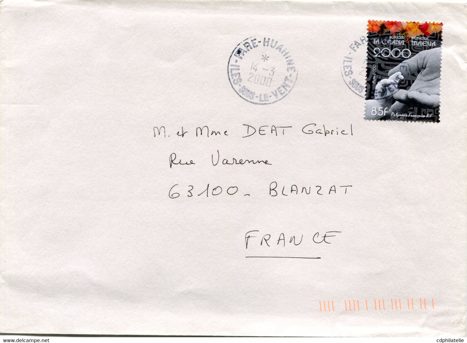 POLYNESIE LETTRE DEPART FARE-HUAHINE 14-3-2000 ILES-SOUS-LE-VENT POUR LA FRANCE - Storia Postale