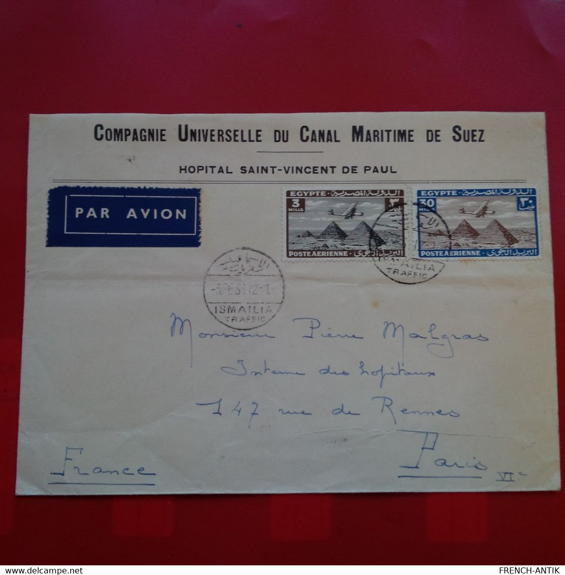 LETTRE EGYPTE COMPAGNIE UNIVERSELLE DU CANAAL DE SUEZ  POSTE ARIENNE POUR PARIS 1936 - Cartas & Documentos