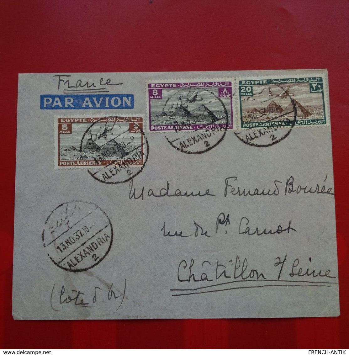 LETTRE EGYPTE ALEXANDRIE  POSTE ARIENNE POUR CHATILLON SUR SEINE 1937 - Storia Postale