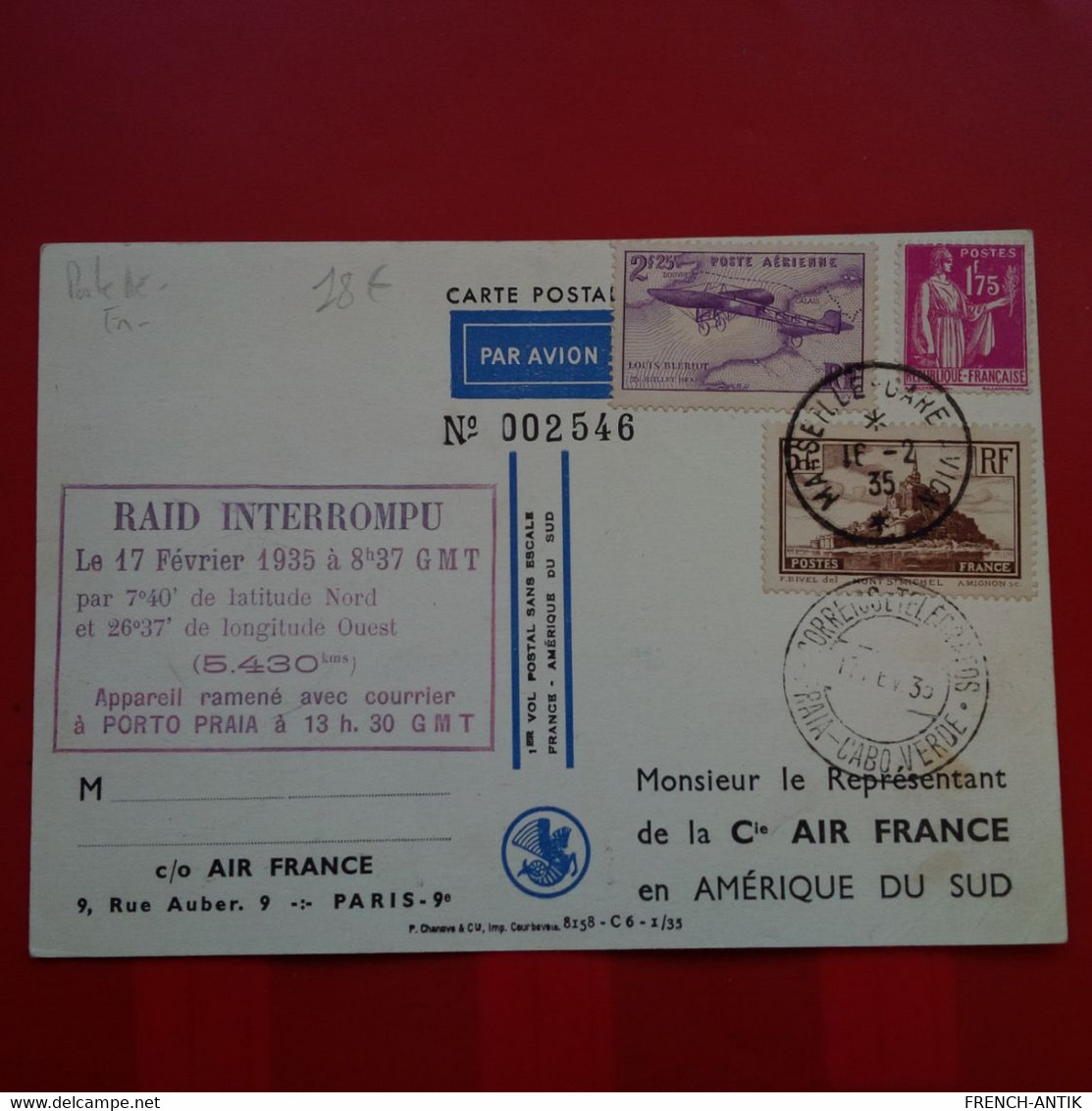 LETTRE POSTE AERINNE RAID INTERROMPU 1935 FRANCE AMERIQUE DU SUD - 1927-1959 Briefe & Dokumente