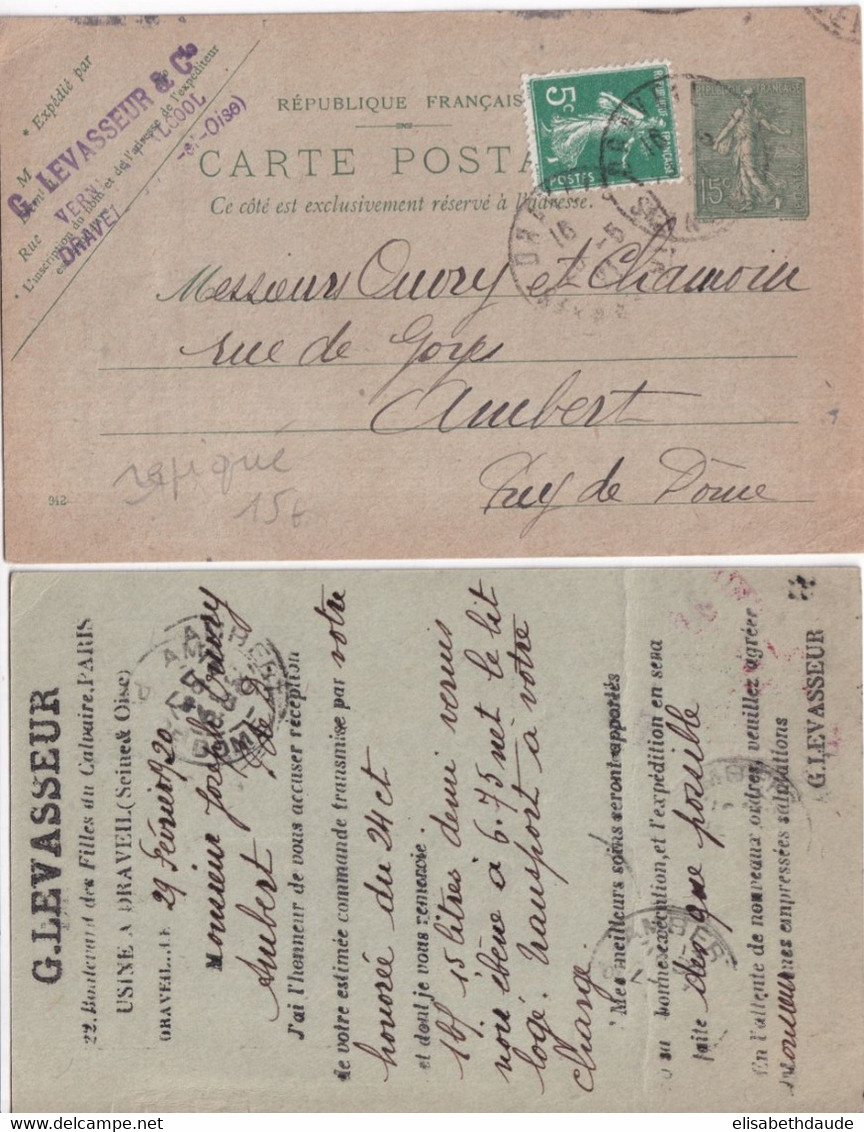 1920 + 1921 - 2 CARTES ENTIER SEMEUSE REPIQUEES (DIFFERENTES) De LEVASSEUR à DRAVEIL (SEINE ET OISE) - Cartes Postales Repiquages (avant 1995)