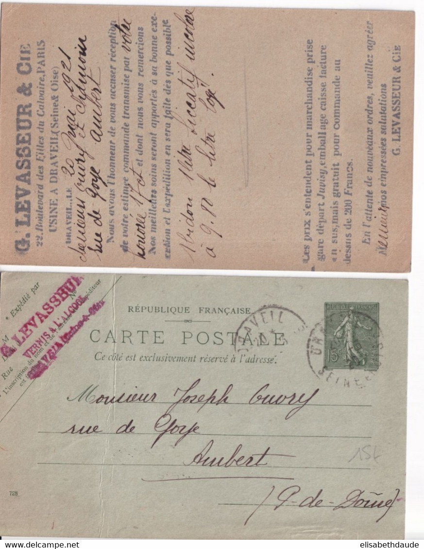 1920 + 1921 - 2 CARTES ENTIER SEMEUSE REPIQUEES (DIFFERENTES) De LEVASSEUR à DRAVEIL (SEINE ET OISE) - Cartoline Postali Ristampe (ante 1955)