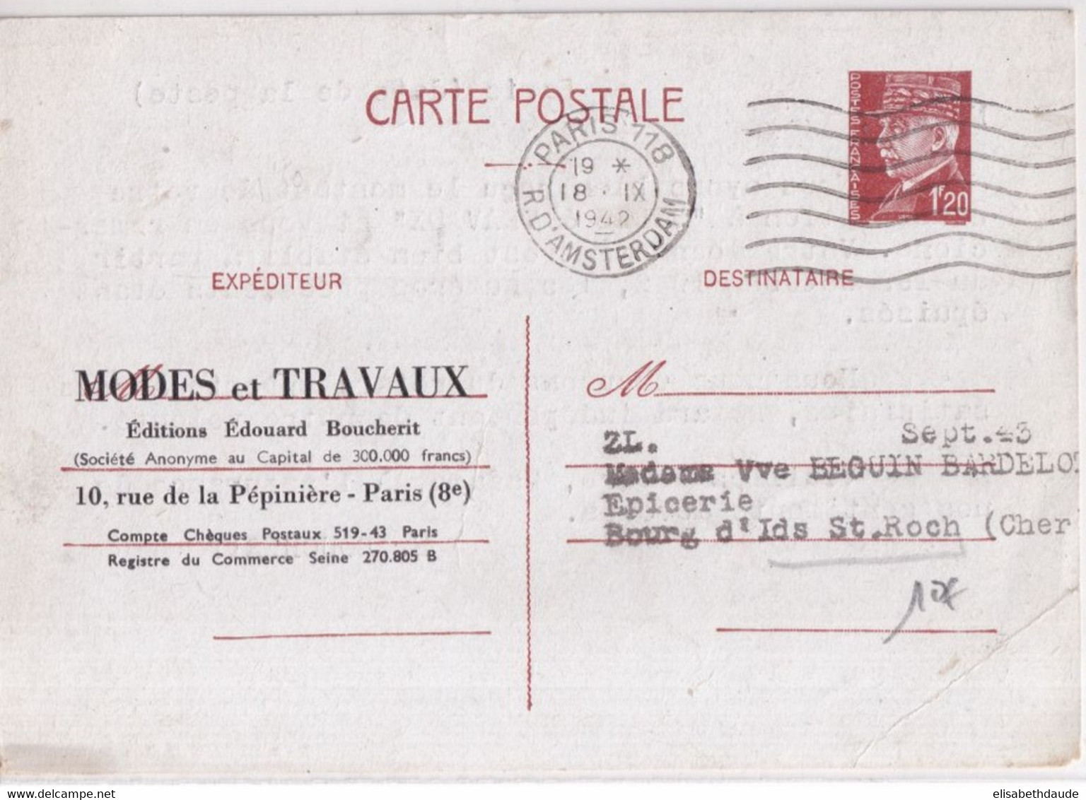 1942 - CARTE ENTIER PETAIN REPIQUEE De MODES ET TRAVAUX à PARIS - Overprinter Postcards (before 1995)