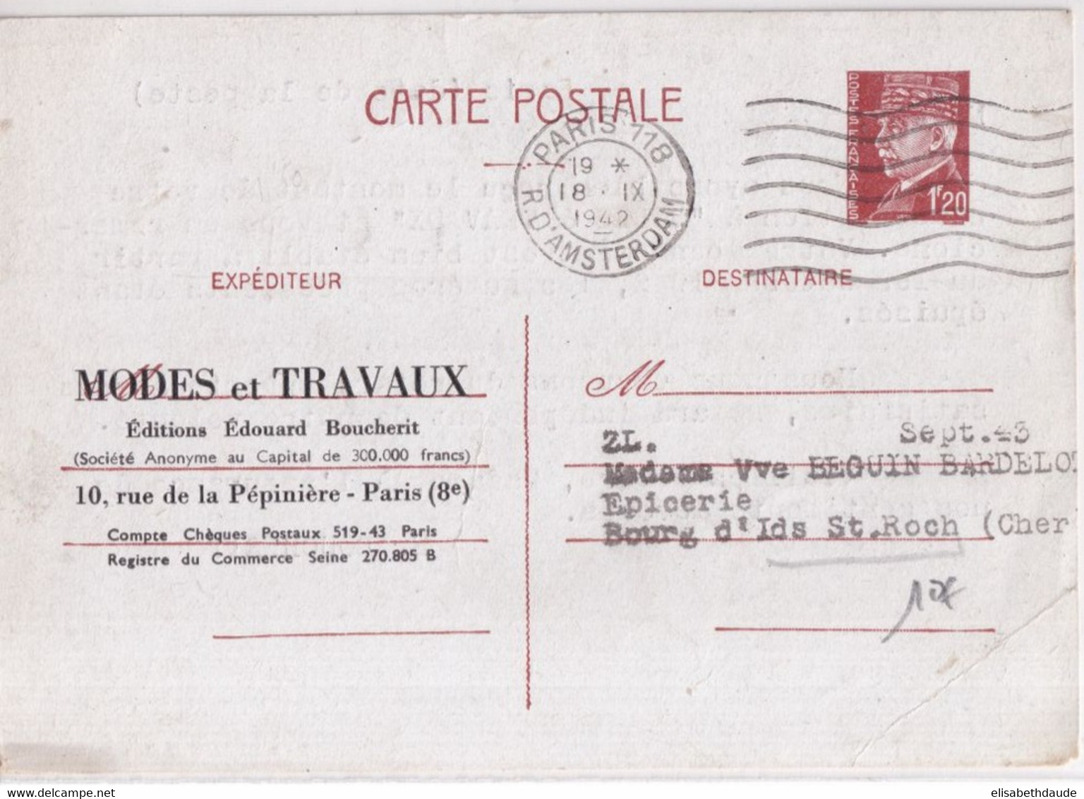 1942 - CARTE ENTIER PETAIN REPIQUEE De MODES ET TRAVAUX à PARIS - Cartoline Postali Ristampe (ante 1955)