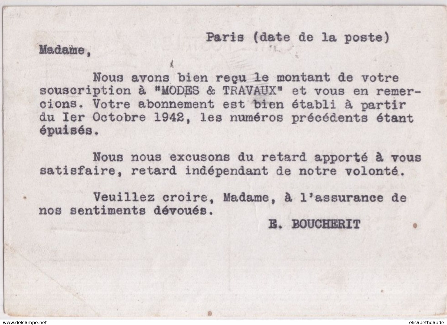 1942 - CARTE ENTIER PETAIN REPIQUEE De MODES ET TRAVAUX à PARIS - Cartoline Postali Ristampe (ante 1955)