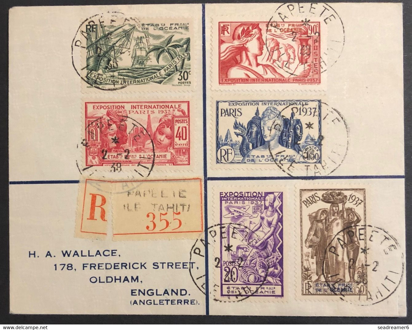 Océanie Lettre Recommandée TAHITI 1938 N°121 à 126 EXPO De 1937 Oblitérés De Papeete Pour OLDHAM Angleterre TTB - Storia Postale