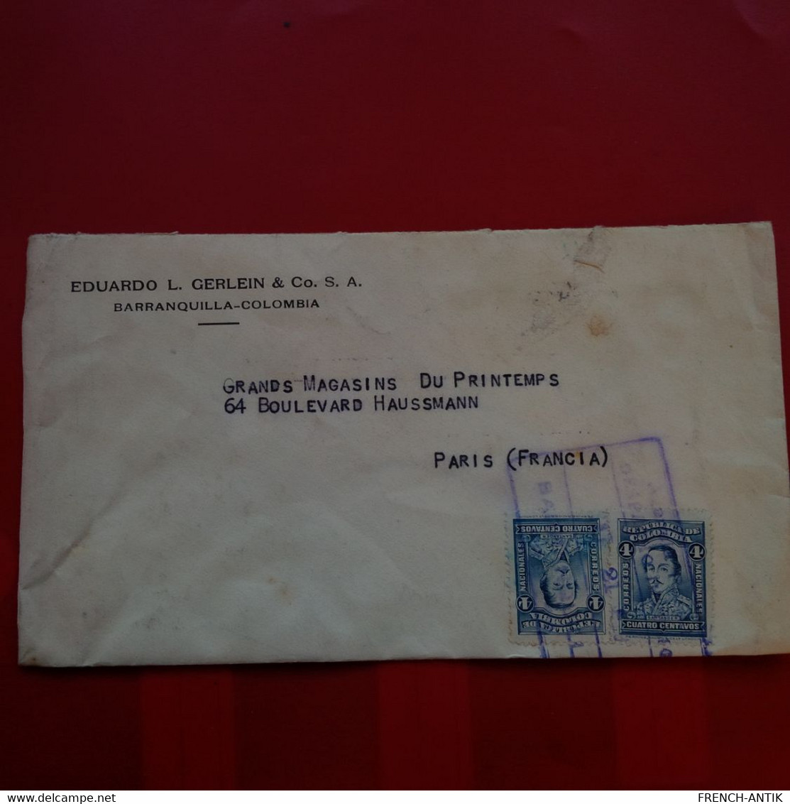 LETTRE BARRANQUILLA COLOMBIA POUR PARIS GRANDS MAGASINS DU PRINTEMPS 1929 - Colombia