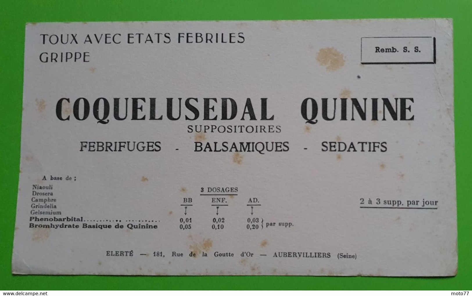 Buvard 969 - Laboratoire Elerté - COQUELUSEDAL QUININE - Etat D'usage : Voir Photos- 21x12 Cm Environ - Vers 1950 - Produits Pharmaceutiques