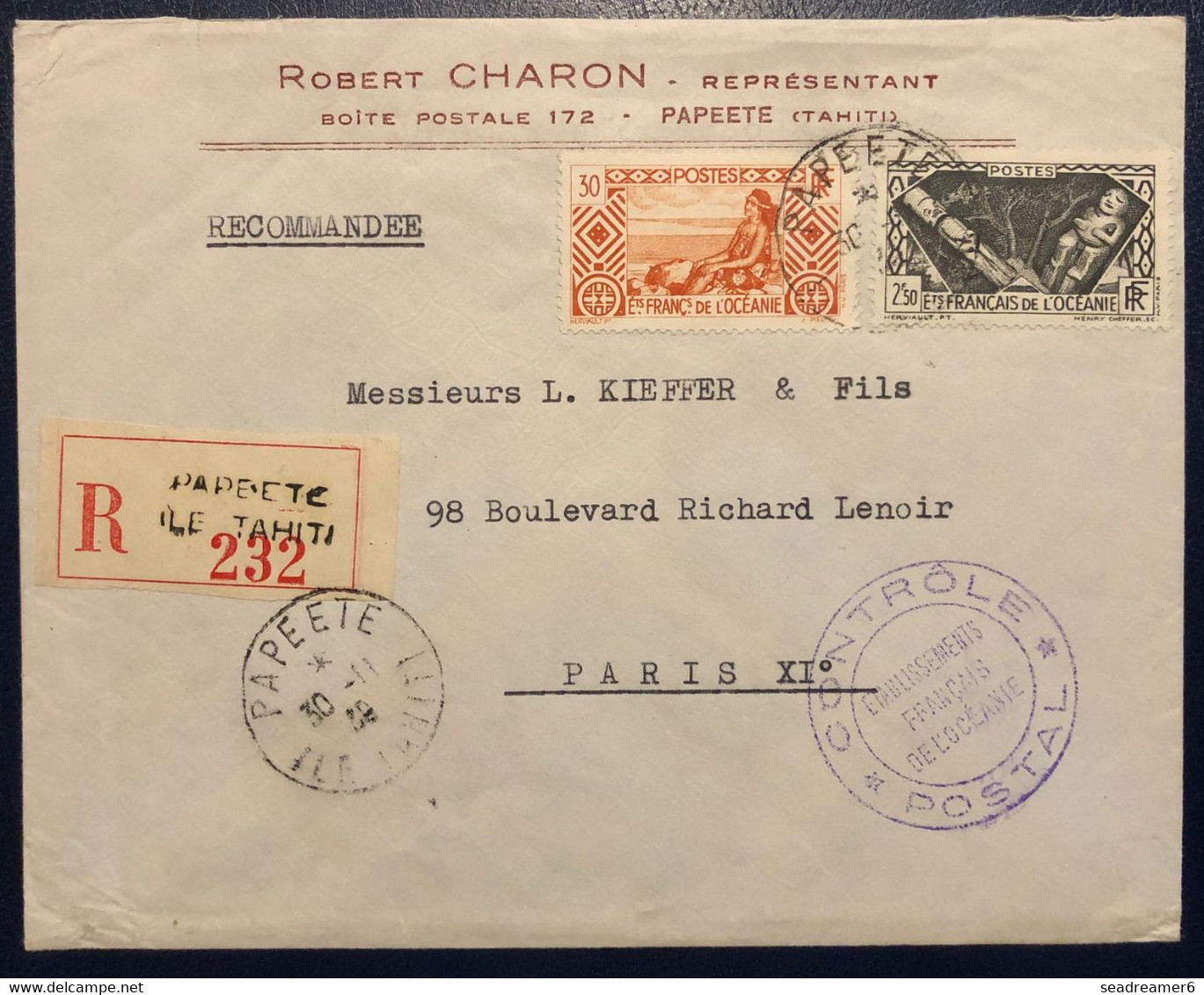 Océanie Lettre Recommandée TAHITI 1939 N°94 & 116 Oblitérés De Papeete Pour PARIS + Cachet De Censure Violet TTB - Brieven En Documenten