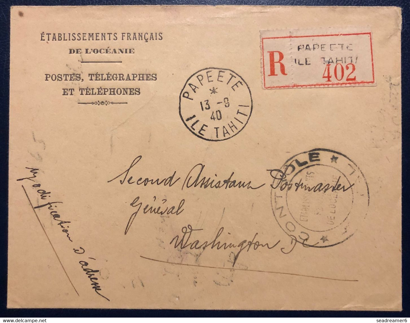 Océanie Lettre Recommandée Des Services Des Postes TAHITI 1940 Dateur De Papeete Pour Washington + Censure TTB - Cartas & Documentos