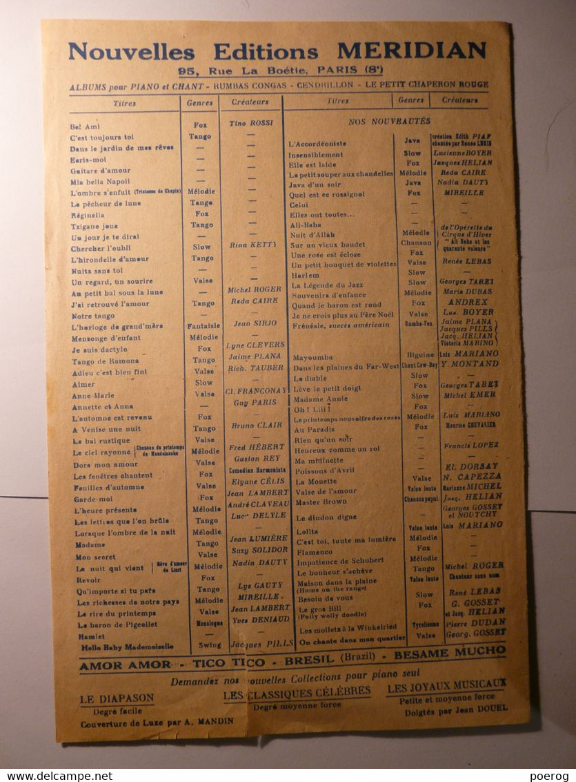 PARTITIONS 1945 - GEORGES GOSSET - ON CHANTE DANS MON QUARTIER - PAROLES FRANCIS BLANCHE MUSIQUE MARBOT - MERIDIAN 1945 - Partitions Musicales Anciennes