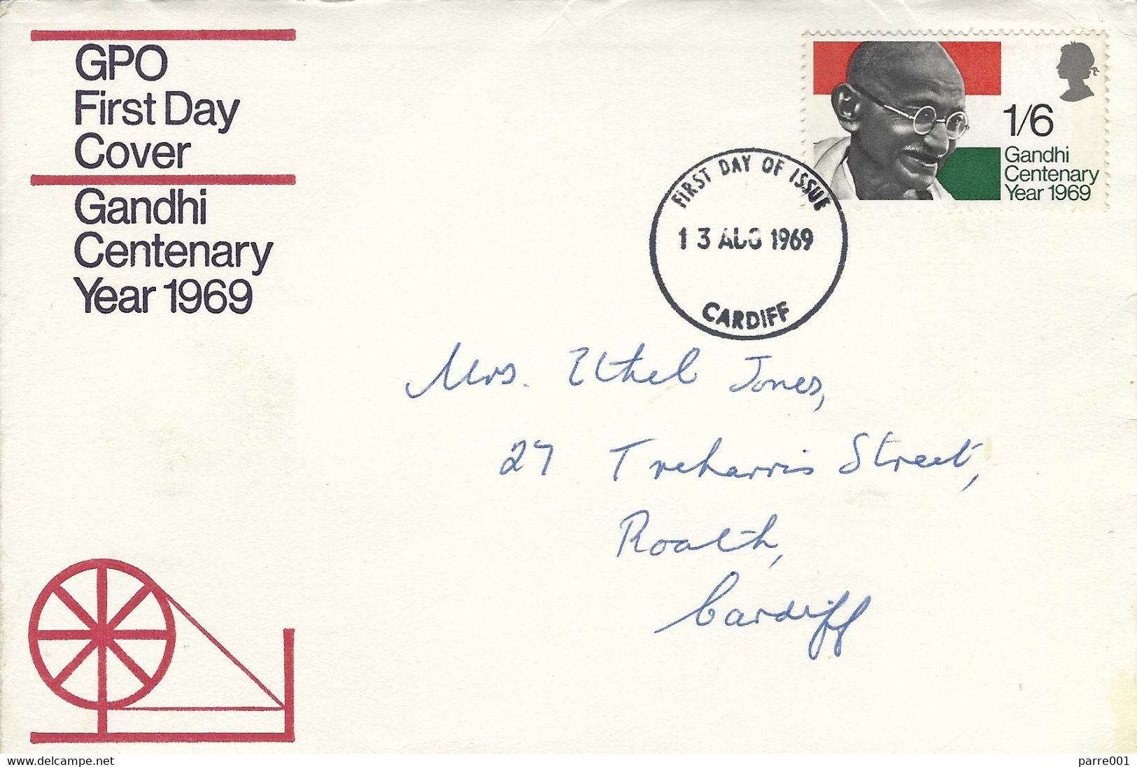 UK 1969 Cardiff Wales Mahatma Gandhi FDC Cover - Mahatma Gandhi