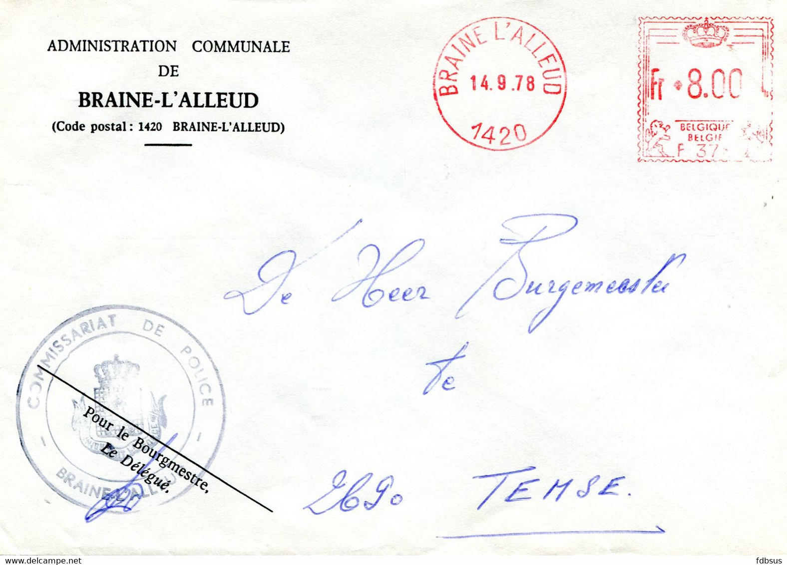 1978 Enveloppe Adm. Communale De BRAINE L'ALLEUD 1420 Naar Temse - Gefr. 8 Fr Rode Machine Stempel + Police Stempel - 1960-79