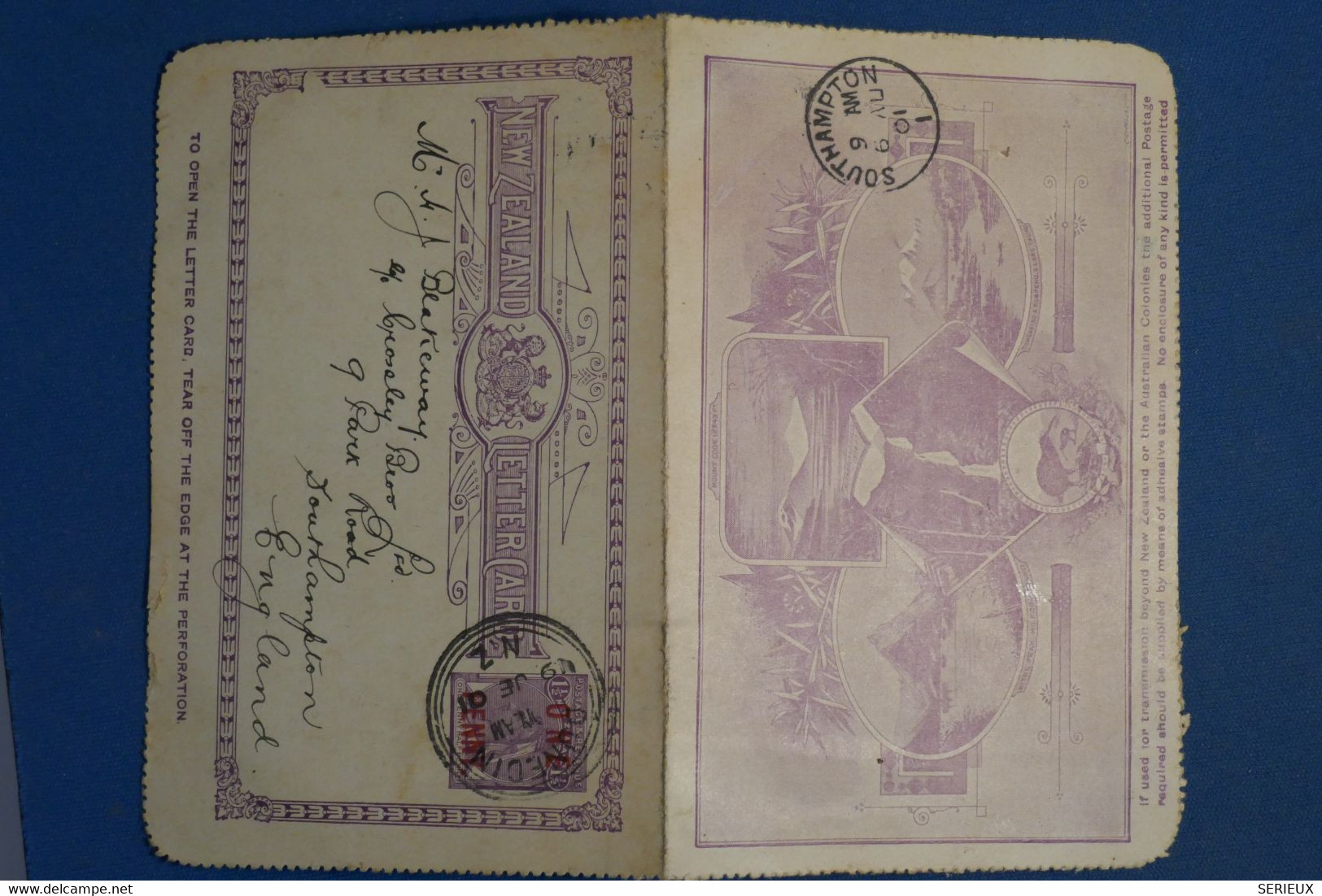 AK5 NEW ZEALAND BELLE CARTE DOUBLE   1901 DUNEDIN  POUR SOUTHAMPTON  ENGLAND++++SURCHARGE ROUGE + AFFRANCH.PLAISANT - Brieven En Documenten