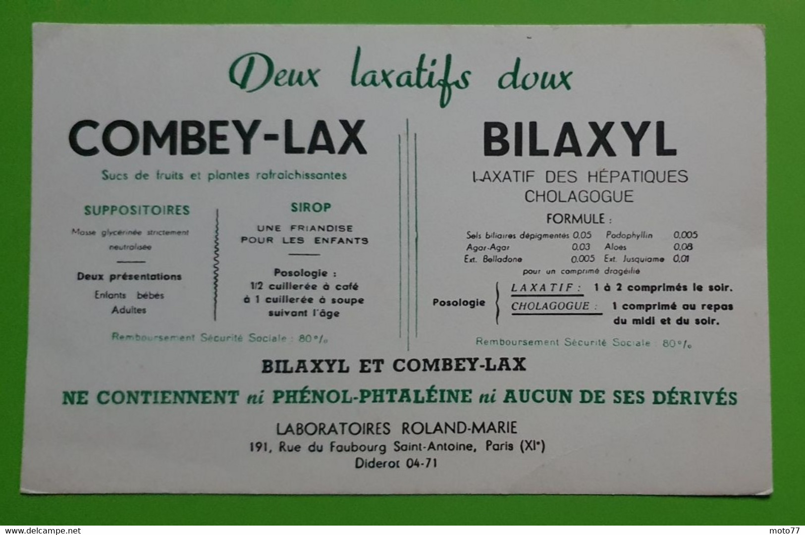 Buvard 995 - Laboratoire Roland Marie - COMBEY-LAX BILAXYL - Etat D'usage : Voir Photos- 21x13.5 Cm Environ - Vers 1950 - Produits Pharmaceutiques