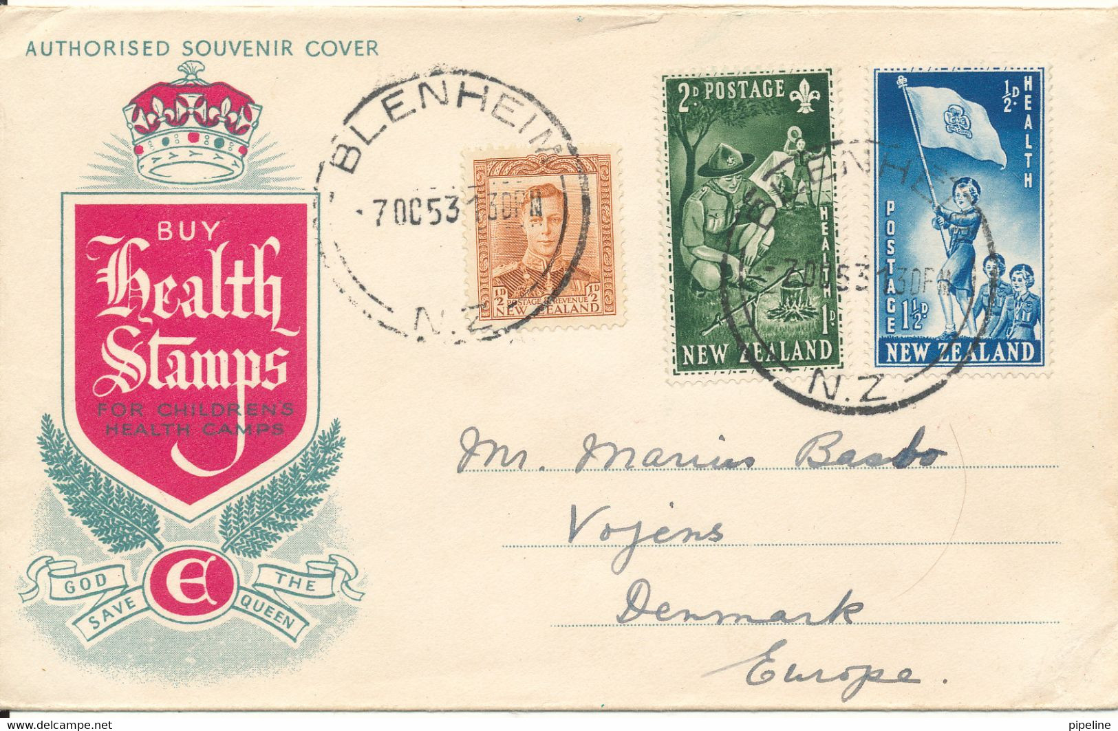 New Zealand Health Stamps Souvenir Cover Uprated And Sent To Denmark Blendheim 7-10-1953 - Lettres & Documents