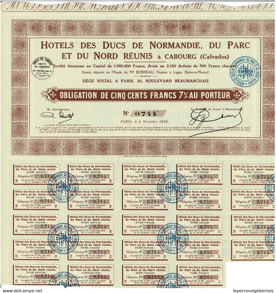 Titre Ancien -Hôtels Des Ducs De Normandie, Du Parc Et Du Nord Réunis à Cabourg - Obligation De 1928 - - Toerisme