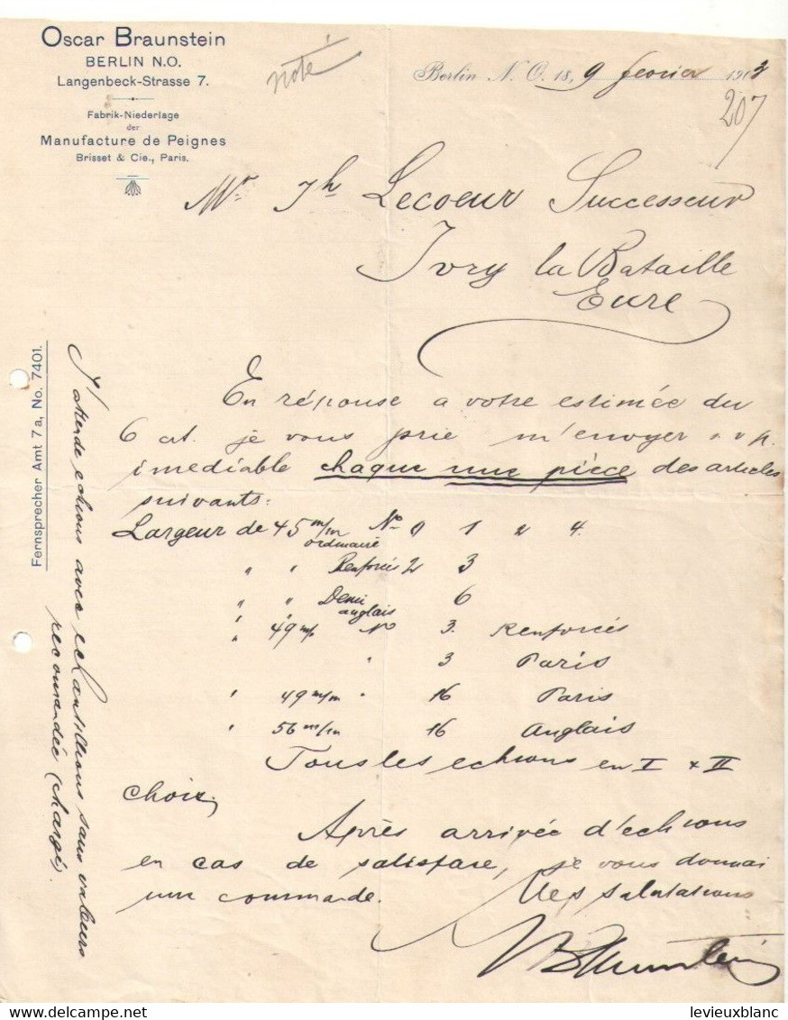 Fab.de Peignes En Ivoire/Oscar BRAUNSTEIN: Berlin /J LECOEUR/Ivry La Bataille/Eure/France/1903  FACT521 - Profumeria & Drogheria