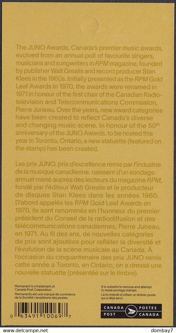 Qc. JUNO MUSIC AWARDS 50th Anniversary = BACK Booklet Page/Pane Of 2 With DESCRIPTION MNH Canada 2021 - Heftchenblätter