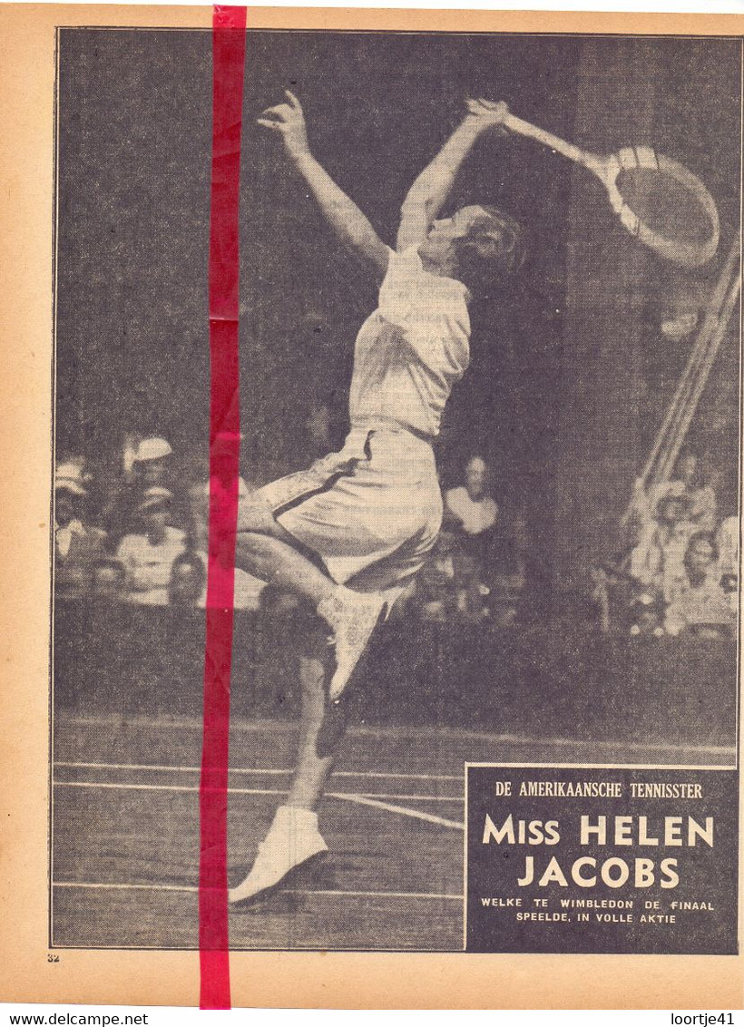 Tennis - Miss Helen Jacobs Op Wimbledon - Orig. Knipsel Coupure Tijdschrift Magazine - 1935 - Matériel Et Accessoires