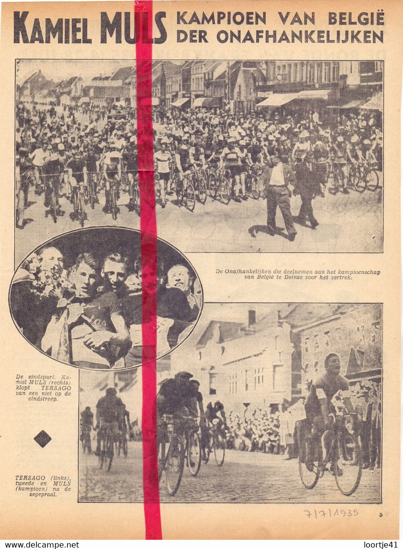 Deinze - Koers Wielrennen Coureur Kamiel Muls Kampioen - Orig. Knipsel Coupure Tijdschrift Magazine - 1935 - Matériel Et Accessoires