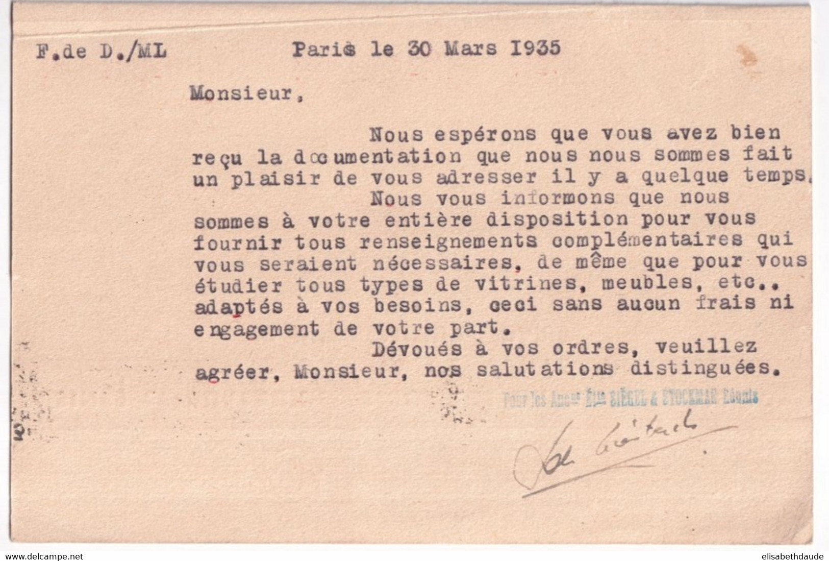 1935 - PERFORE / PERFIN ! S.H - PAIX Sur CARTE COMMERCIALE SIEGEL à PARIS - Andere & Zonder Classificatie
