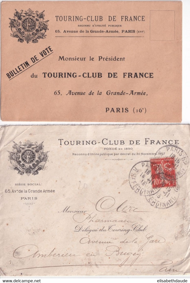 1913 - PERFORE / PERFIN ! - SEMEUSE Sur ENVELOPPE PUB ILLUSTREE TOURING CLUB DE FRANCE - AUTOMOBILE - Other & Unclassified