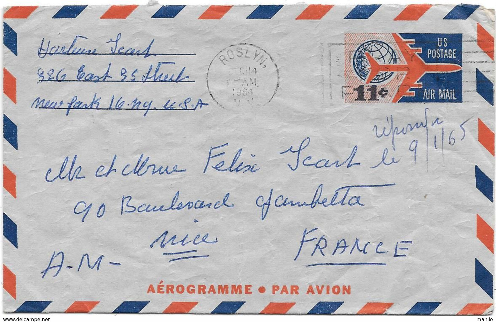 2 Vignettes CHRISTMAS GREETINGS 1964 Sur AEROGRAMME US POSTAGE AIR MAIL De NEW-YORK  14/12/1964  Pour NICE - 1961-80