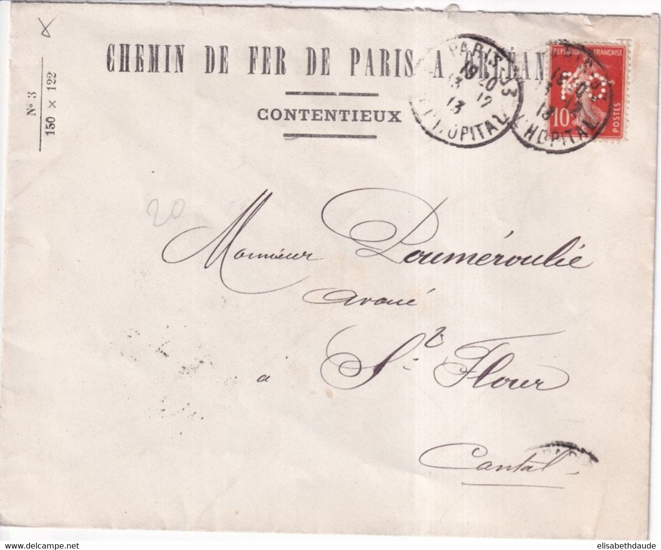 1913 - PERFORE / PERFIN ! - SEMEUSE Sur ENVELOPPE CHEMIN DE FER DE PARIS à ORLEANS - Sonstige & Ohne Zuordnung