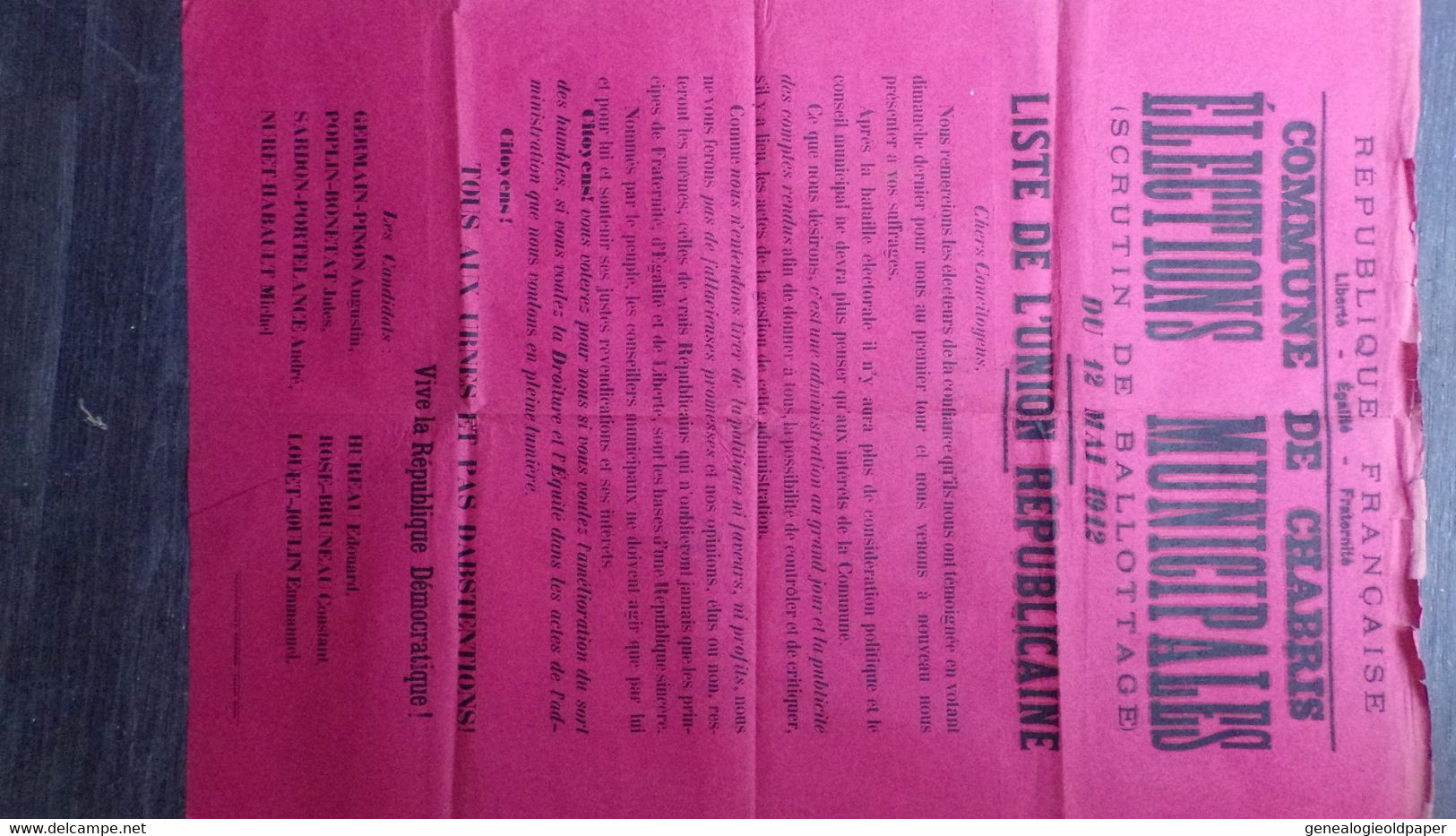 36-CHABRIS-RARE AFFICHE ELECTIONS MUNICIPALES 12 MAI 1912- LISTE UNION REPUBLICAINE-GERMAIN PINON-POPLIN BONETAT-SARDON - Plakate